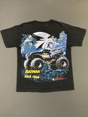 Rare Vintage Y2K DC Comics Batman Race Team Car Promo Black Kids Tee Art